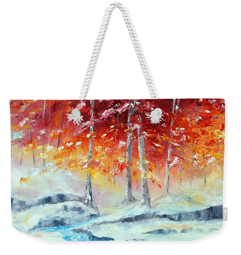 Winter Weekender Tote Bag featuring the painting First Snow by Meaghan Troup