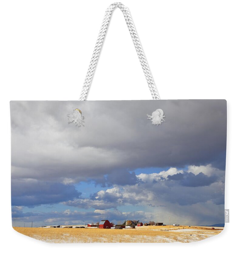 Farm Weekender Tote Bag featuring the photograph First Snow On Storybook Farm by Theresa Tahara