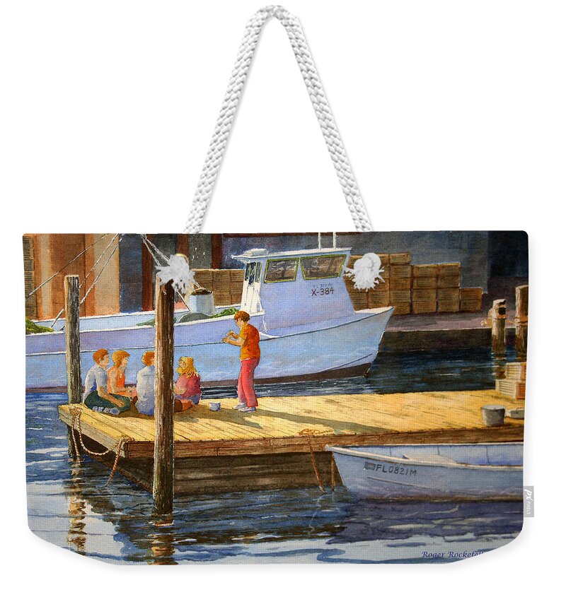 Boats Weekender Tote Bag featuring the painting Fish Tales at Cortez by Roger Rockefeller
