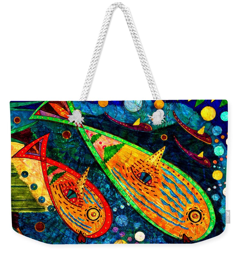 Fishes Weekender Tote Bag featuring the painting Fishes - Water Life by Marie Jamieson