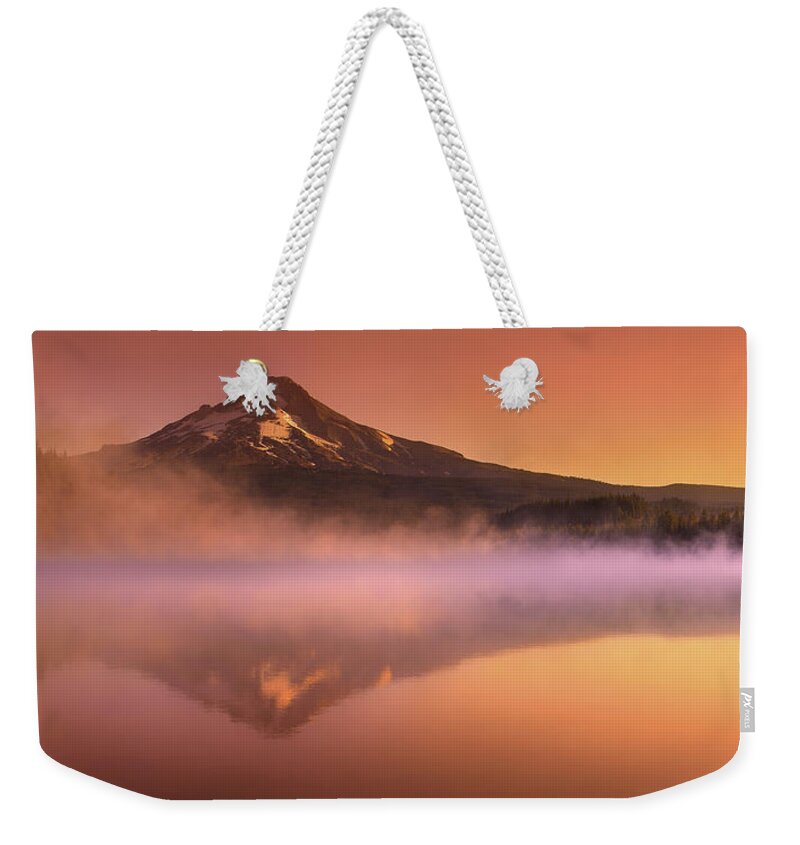 Trillium Lake Weekender Tote Bag featuring the photograph Fishing in the Fog by Lori Grimmett