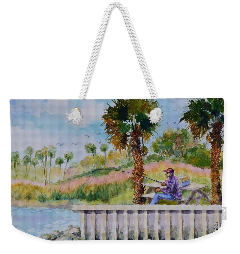 River Weekender Tote Bag featuring the painting Fishing on the Peir by Jyotika Shroff