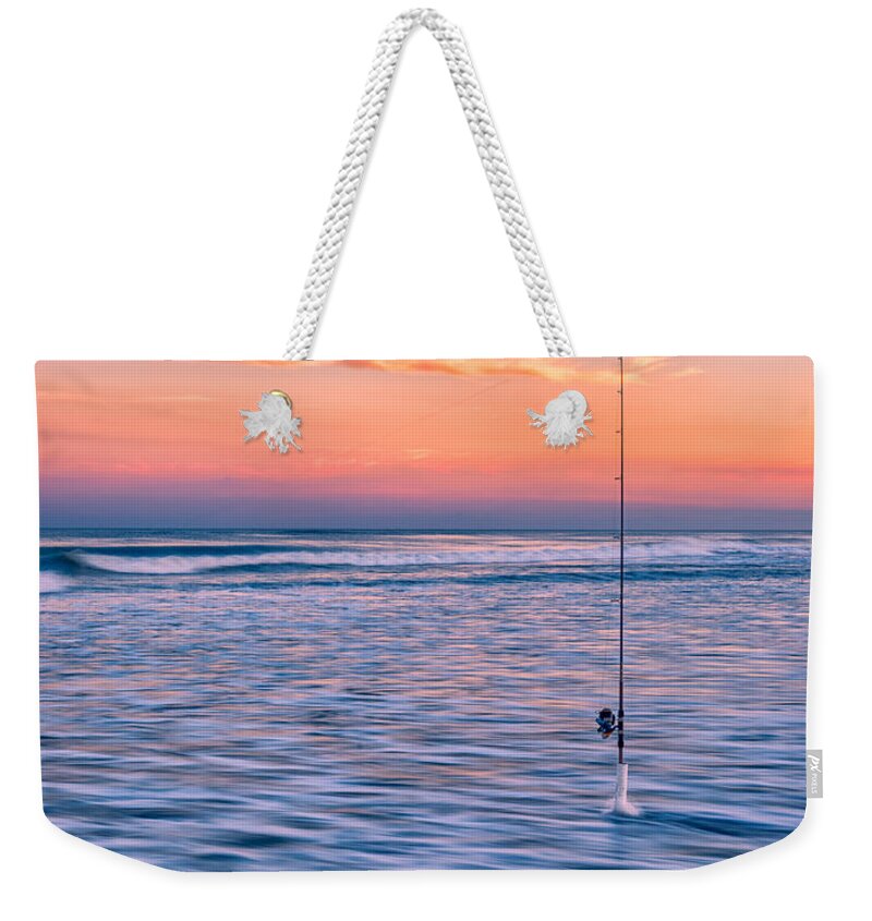 Fishing Weekender Tote Bag featuring the photograph Fishing the Sunset Surf - Vertical Version by Mark Rogers