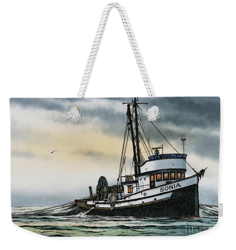 Fishing Vessel. Fishing Vessel Fine Art Print Weekender Tote Bag featuring the painting Fishing Vessel SONIA by James Williamson