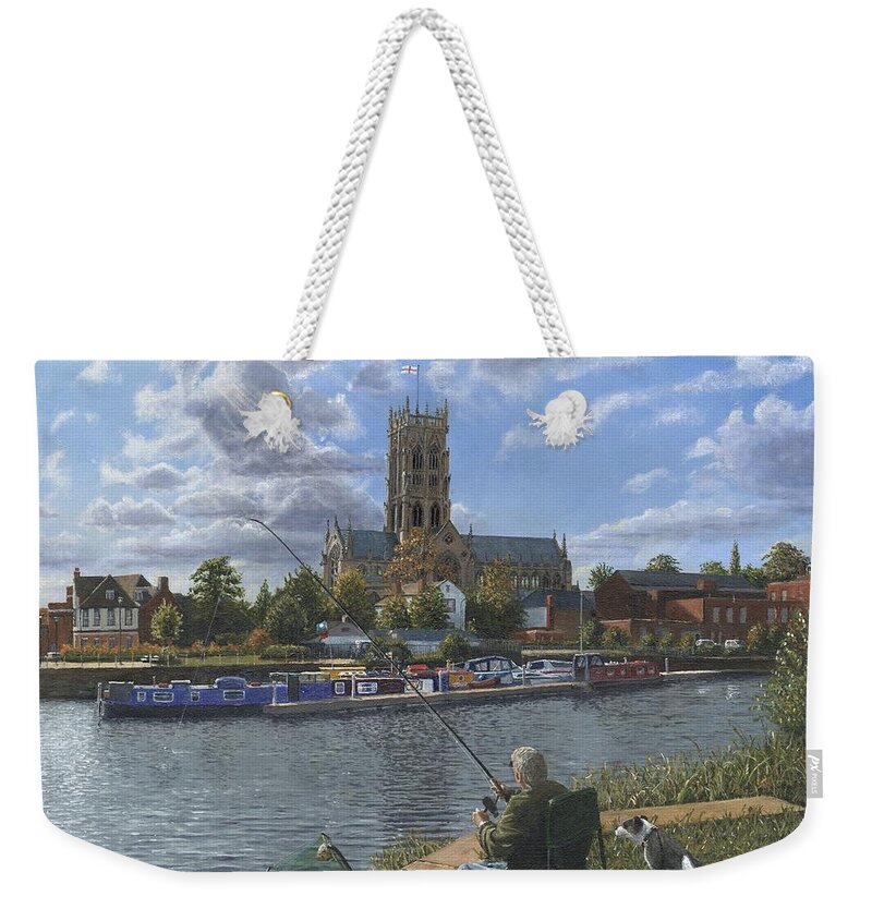 The Minster Church Of Saint George Weekender Tote Bag featuring the painting Fishing with Oscar - Doncaster Minster by Richard Harpum