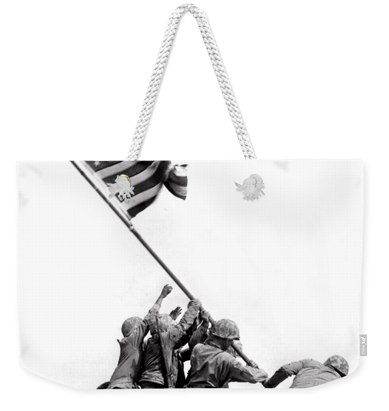 1945 Weekender Tote Bag featuring the photograph Flag Raising At Iwo Jima by Underwood Archives