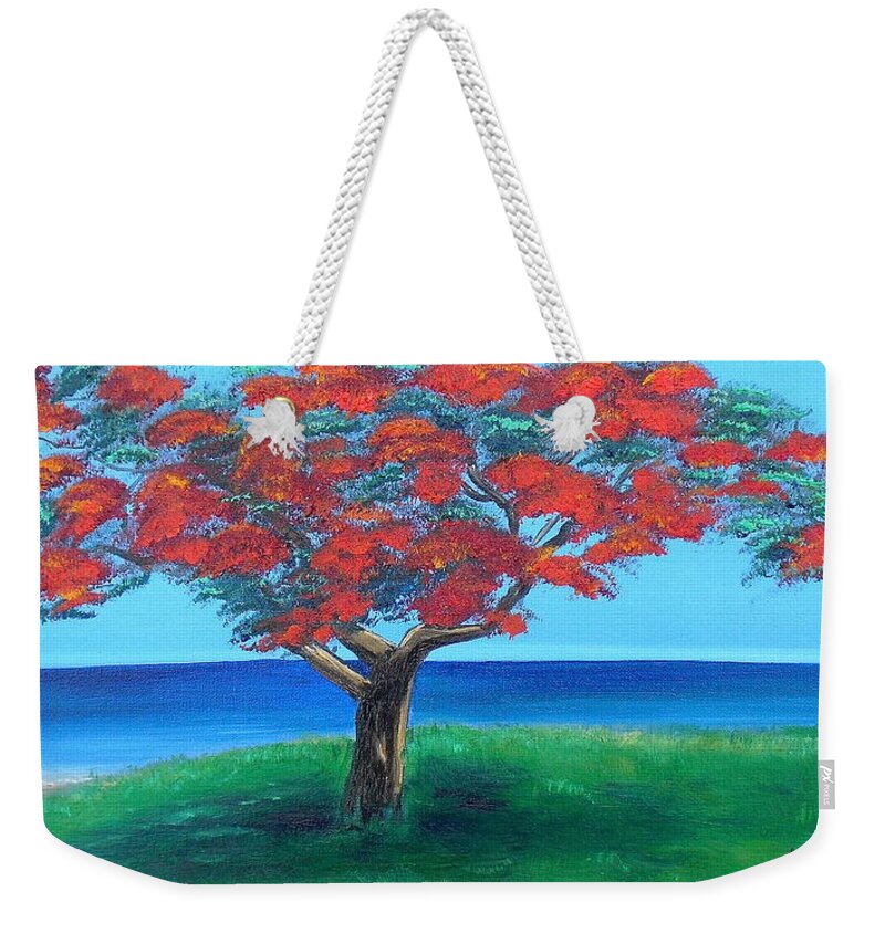 Flamboyant Tree Weekender Tote Bag featuring the painting Flamboyan Overlooking Ocean by Melissa Torres