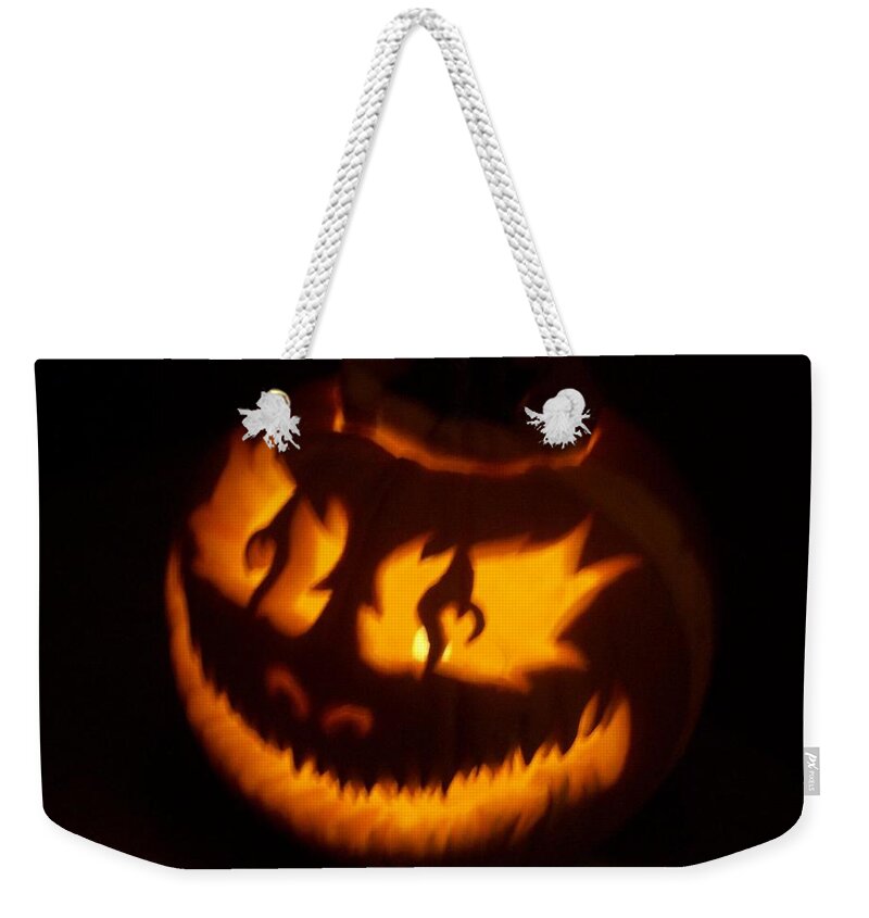 Pumpkin Weekender Tote Bag featuring the photograph Flame Pumpkin Side by Shawn Dall