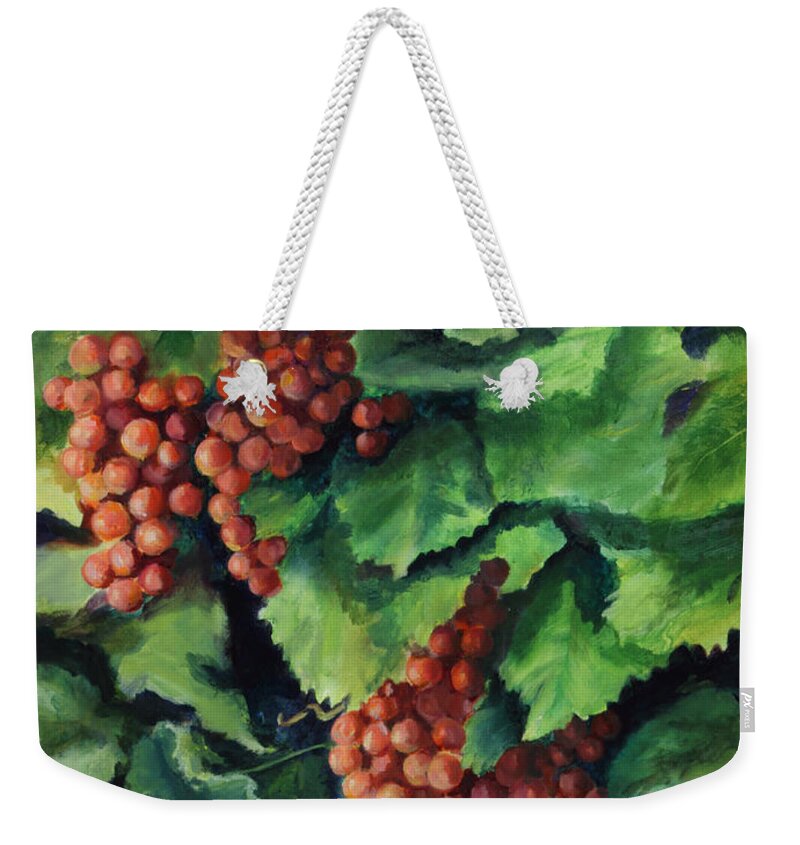 Table Grapes Weekender Tote Bag featuring the painting Flames in the Vineyard by Maria Hunt