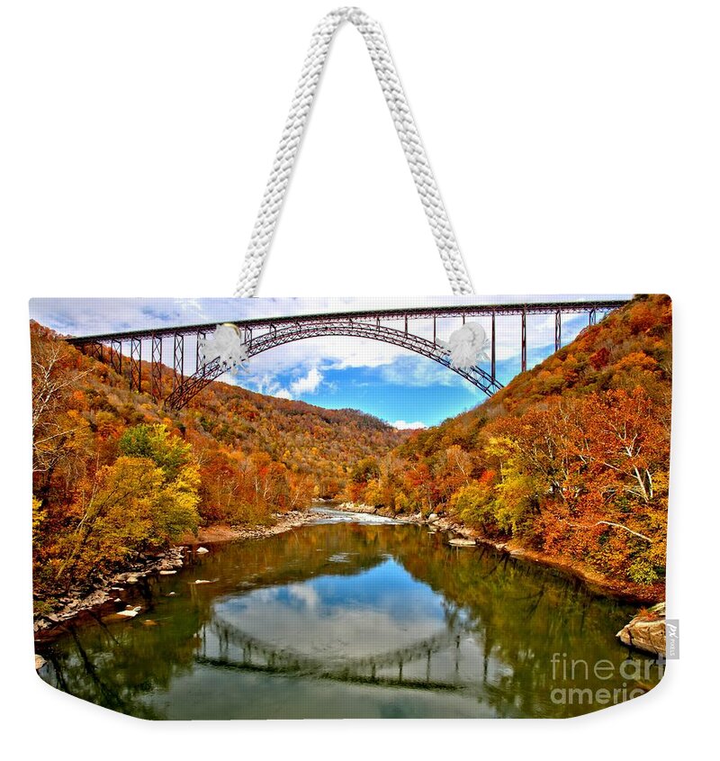 New River Gorge Weekender Tote Bag featuring the photograph Flaming Fall Foliage At New River Gorge by Adam Jewell