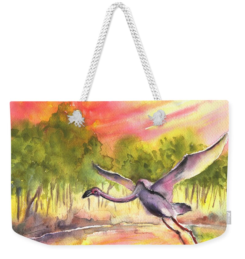 Travel Weekender Tote Bag featuring the painting Flamingo in Alcazar de San Juan by Miki De Goodaboom