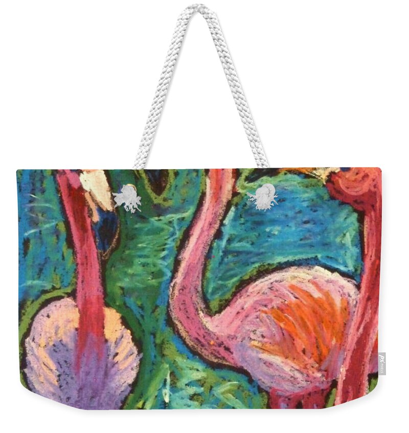 Pink Flamingoes Weekender Tote Bag featuring the painting Flamingoes Wading by Ande Hall
