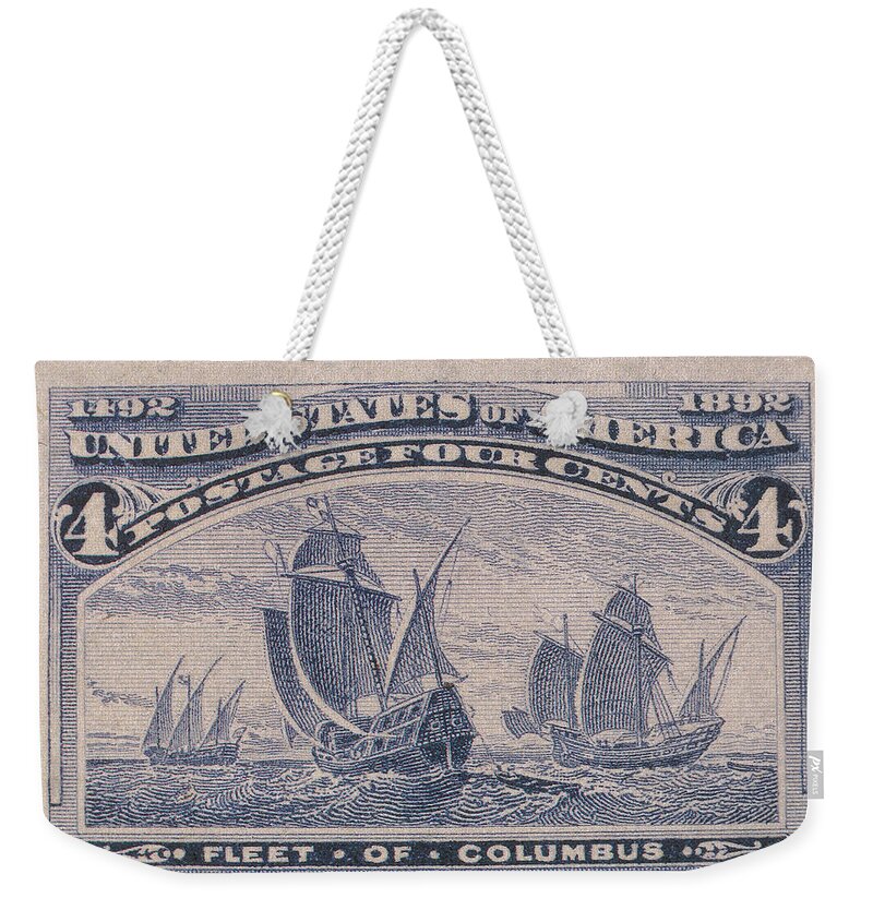 Philately Weekender Tote Bag featuring the photograph Fleet Of Columbus, U.s. Postage Stamp by Science Source