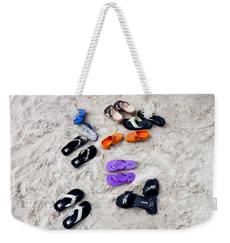 Hilton Head Weekender Tote Bag featuring the photograph Flip FLops on the Beach by Thomas Marchessault