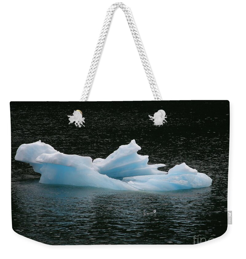 Floating Weekender Tote Bag featuring the photograph Floating Blue Ice Sculpture by Bev Conover