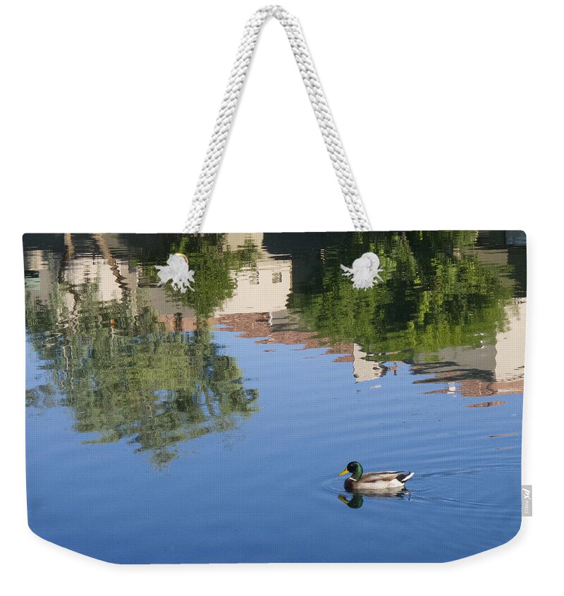 Duck Weekender Tote Bag featuring the photograph Floating in Reflections by Susan Stone