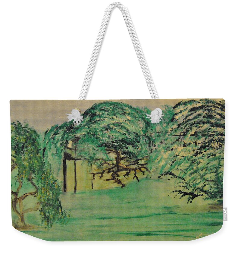 Green Trees Weekender Tote Bag featuring the painting Floating Wonders by Suzanne Surber