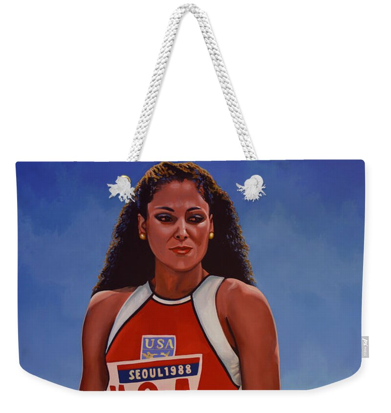 Florence Griffith Weekender Tote Bag featuring the painting Florence Griffith - Joyner by Paul Meijering