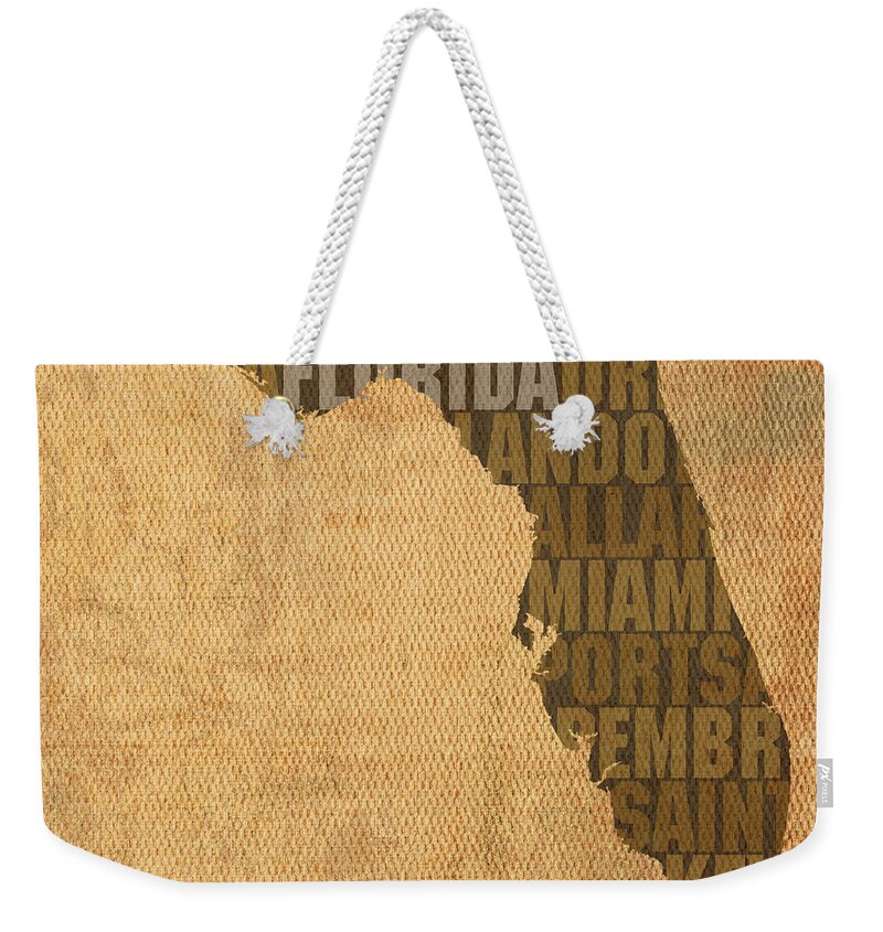 Florida Word Art State Map On Canvas Weekender Tote Bag featuring the mixed media Florida Word Art State Map on Canvas by Design Turnpike