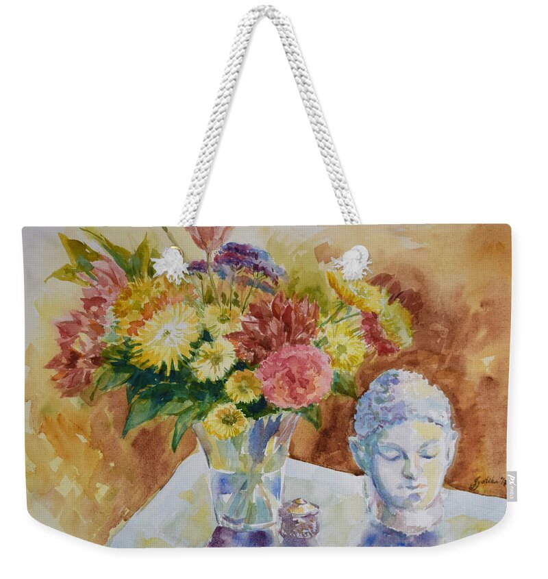 Still Life Weekender Tote Bag featuring the painting Flower Vase with Buddha by Jyotika Shroff