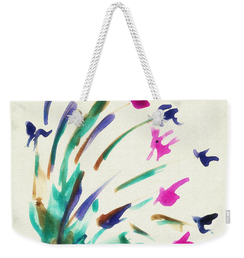 Flower Weekender Tote Bag featuring the mixed media Flowers By The Pond by Frank Bright