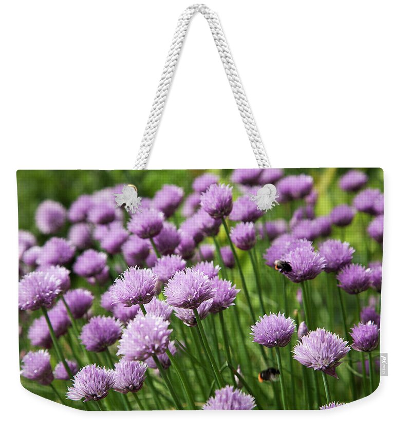 Purple Weekender Tote Bag featuring the photograph Flowers Of Chives by Roel Meijer