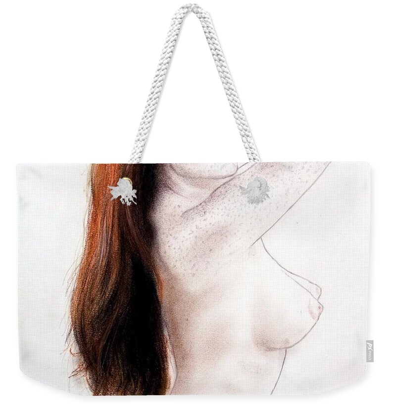 Flowing Long Hair Weekender Tote Bag featuring the drawing Flowing Long Red Hair and Freckles by Jim Fitzpatrick