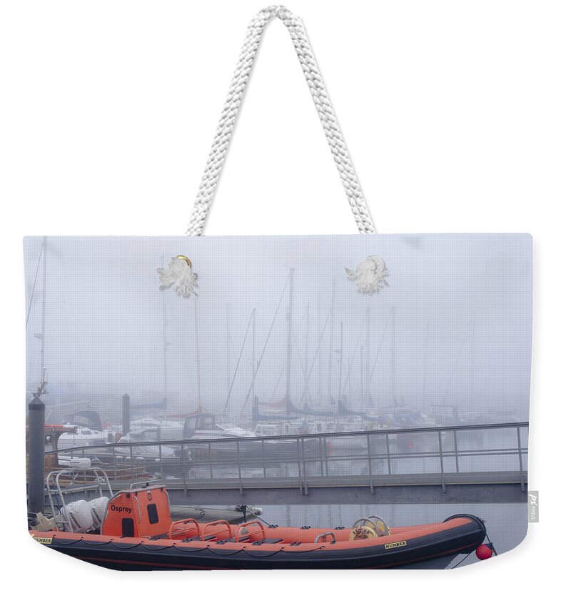 Anstruther Weekender Tote Bag featuring the photograph Fog in Marina II by Elena Perelman