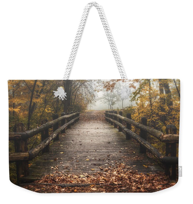 Bridge Weekender Tote Bag featuring the photograph Foggy Lake Park Footbridge by Scott Norris