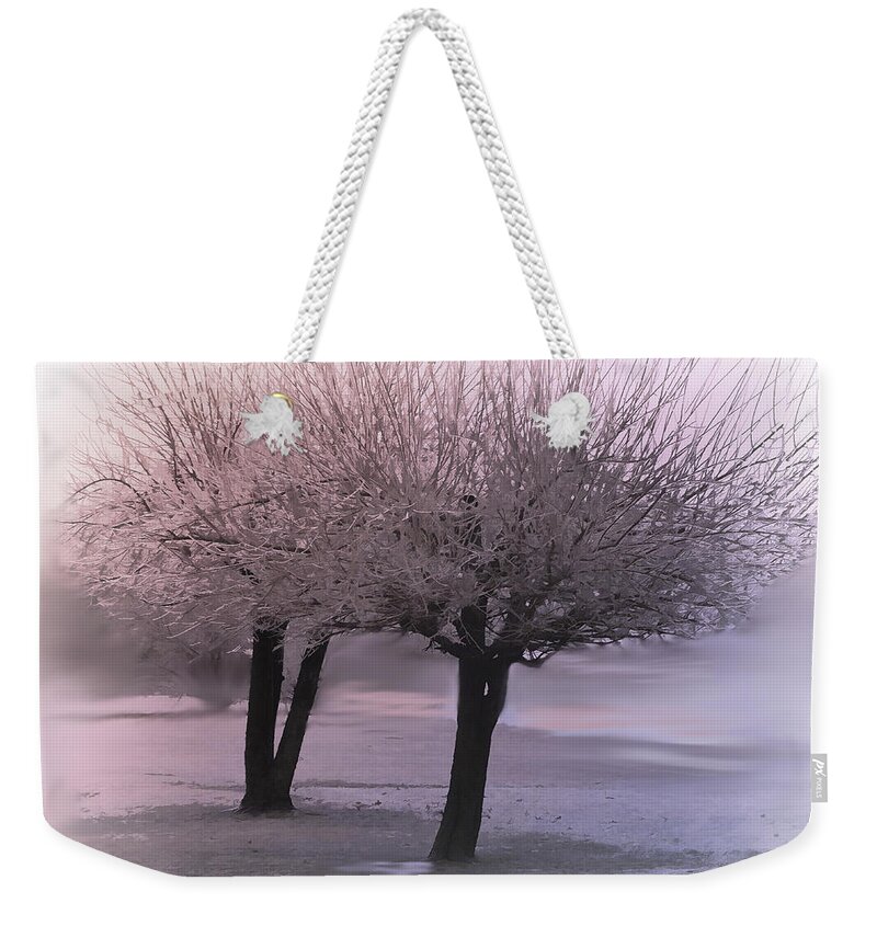 Landscape Weekender Tote Bag featuring the photograph Foggy winter trees by Bonnie Willis