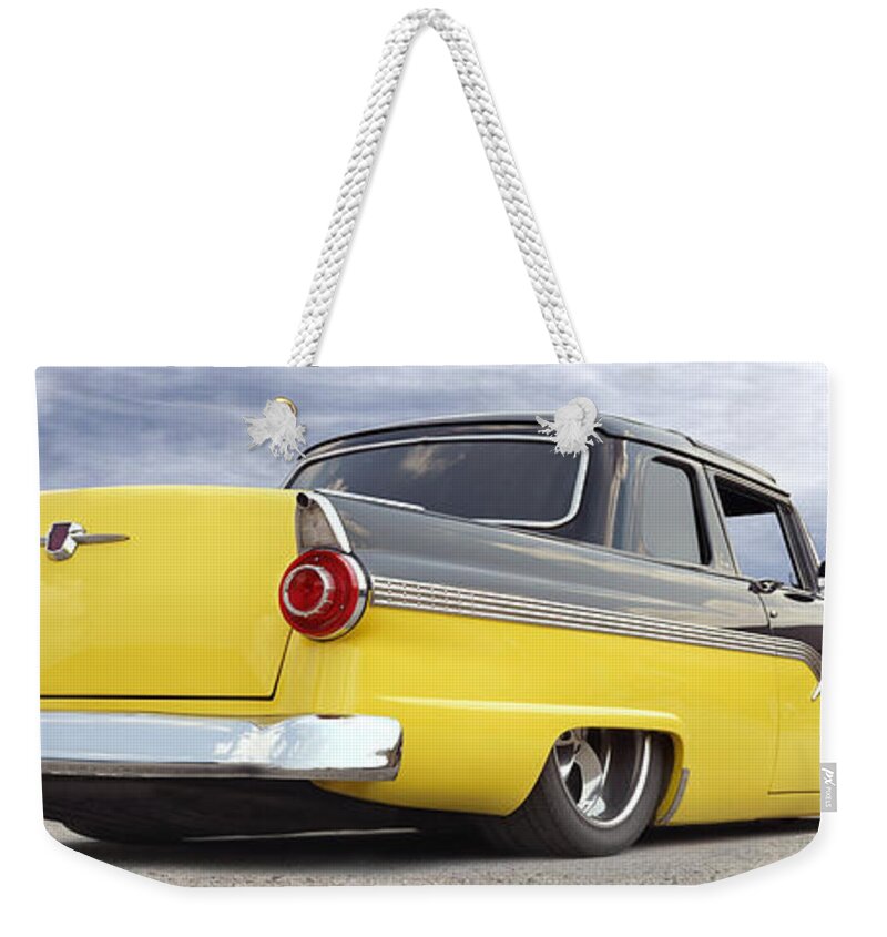 1955 Ford Weekender Tote Bag featuring the photograph Ford Lowrider at Roys by Mike McGlothlen
