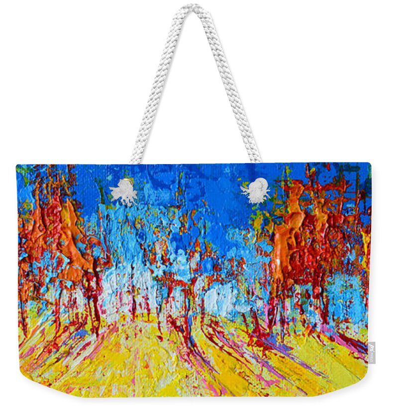 Tree Forest Artwork Scenic Painting Weekender Tote Bag featuring the painting Tree Forest 1 Modern Impressionist landscape painting palette knife work by Patricia Awapara