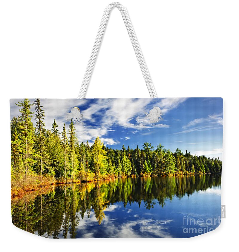 Lake Weekender Tote Bag featuring the photograph Forest reflecting in lake by Elena Elisseeva