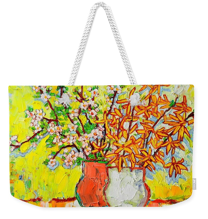 Spring Weekender Tote Bag featuring the painting Forsythia And Cherry Blossoms Spring Flowers by Ana Maria Edulescu