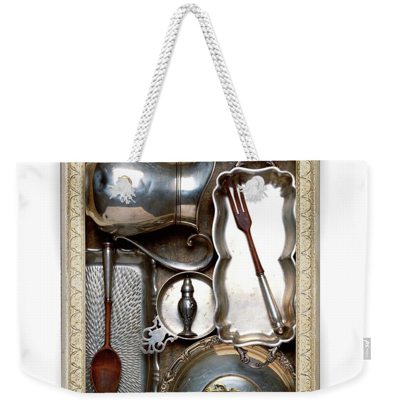 White Background Weekender Tote Bag featuring the photograph Frame With Vintage Silver Kitchen Items by Jonathan Kantor