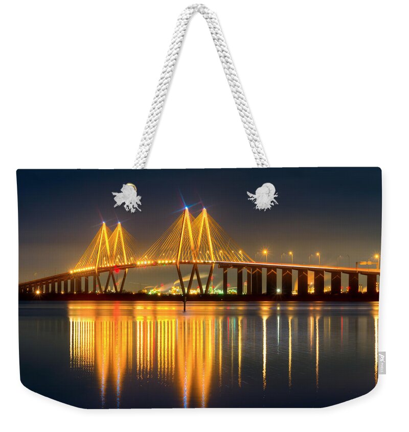 Houston Weekender Tote Bag featuring the photograph Fred Hartman Bridge at Night by Tim Stanley