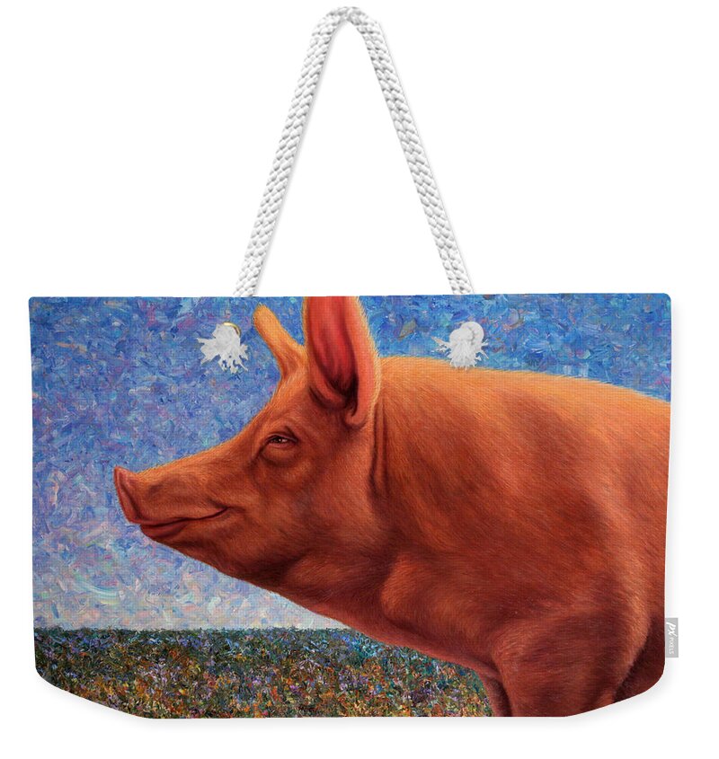 Pig Weekender Tote Bag featuring the painting Free Range Pig by James W Johnson