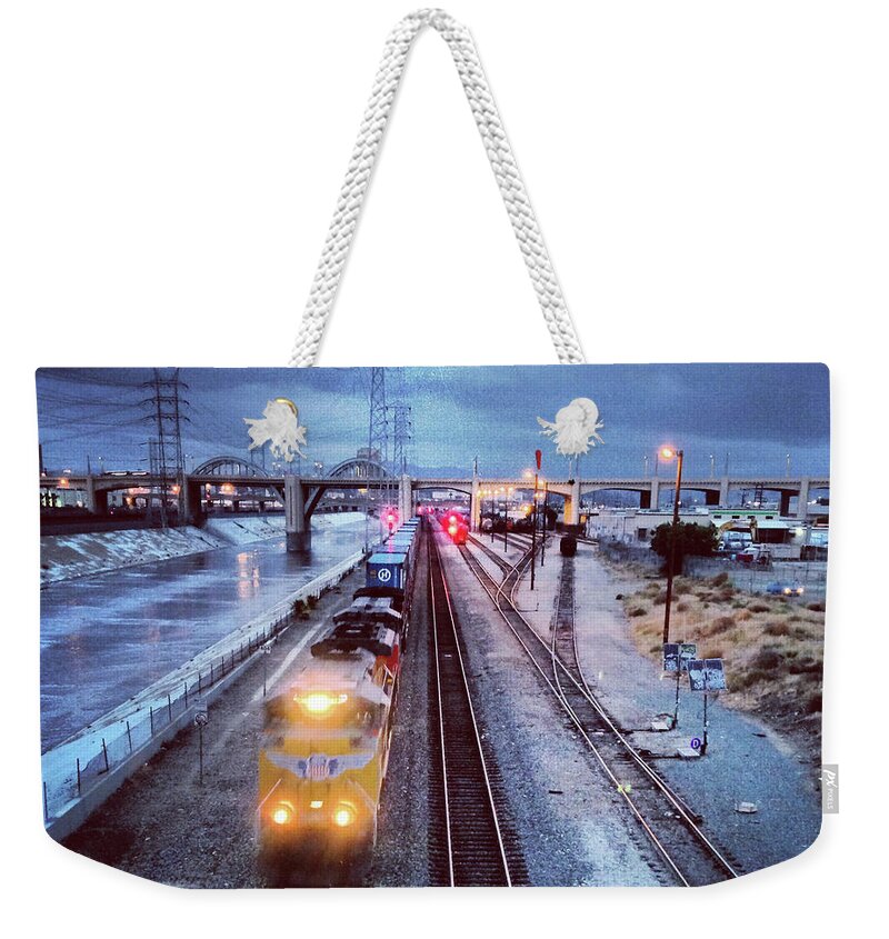 Downtown District Weekender Tote Bag featuring the photograph Freight Train On Los Angeles River by Hal Bergman Photography
