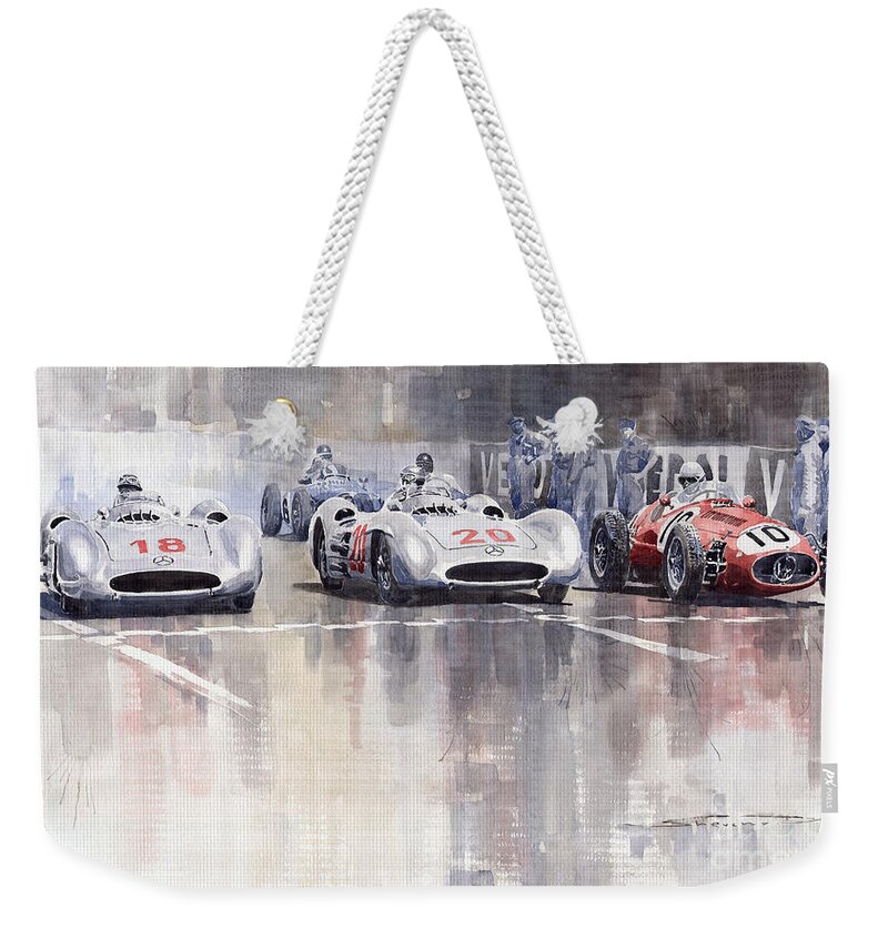 Watercolour Weekender Tote Bag featuring the painting French GP 1954 MB W 196 Meserati 250 F by Yuriy Shevchuk