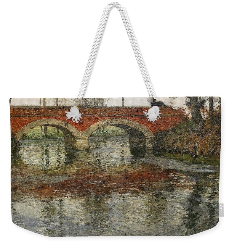 Frits Thaulow Weekender Tote Bag featuring the painting French river landscape with a stone bridge by Frits Thaulow