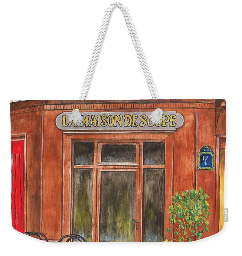 Restaurant Weekender Tote Bag featuring the painting French Storefront 1 by Debbie DeWitt