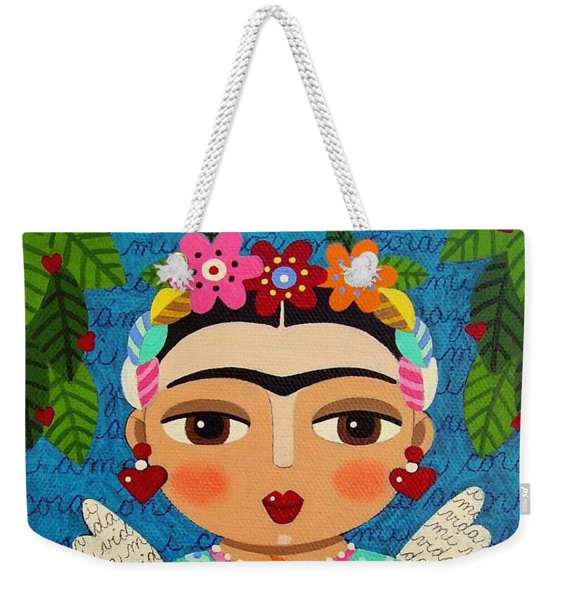 Frida Weekender Tote Bag featuring the painting Frida Kahlo Angel and Flaming Heart by Andree Chevrier
