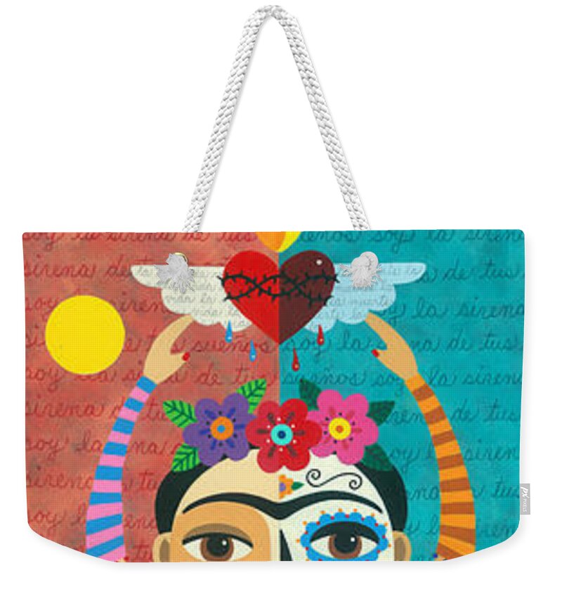 Frida Weekender Tote Bag featuring the painting Frida Kahlo Mermaid Angel with Flaming Heart by Andree Chevrier