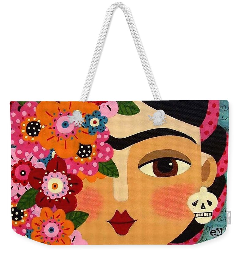 Frida Weekender Tote Bag featuring the painting Frida Kahlo with Flowers and Skull by Andree Chevrier