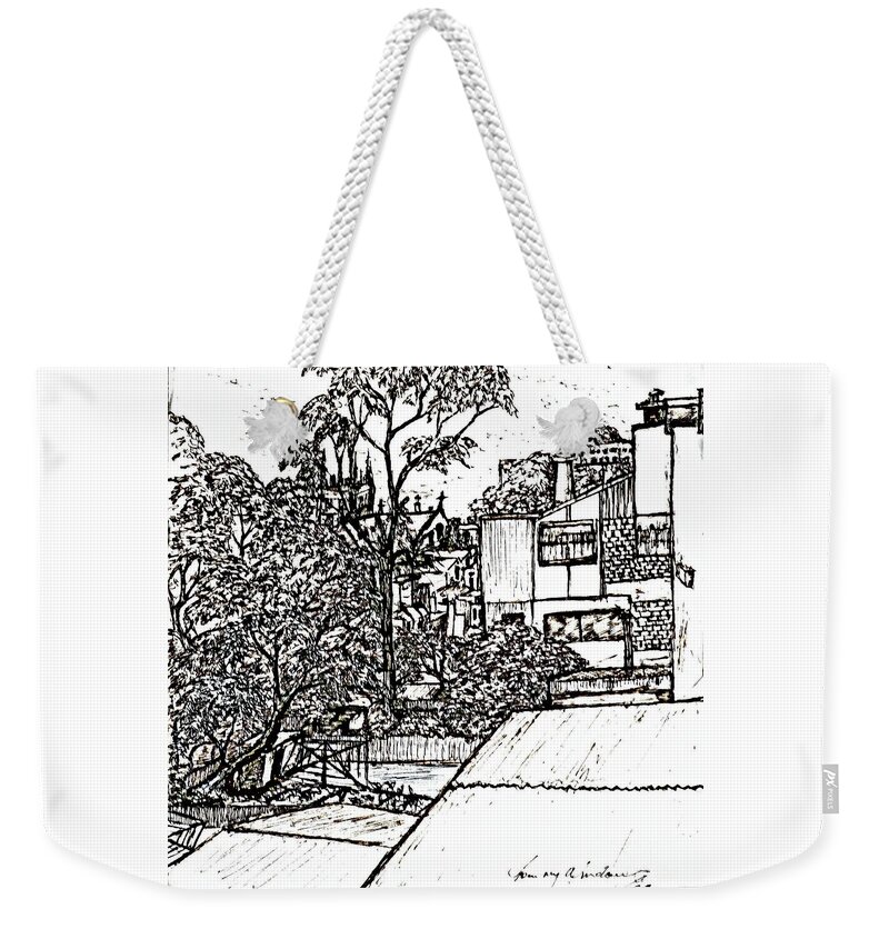 Drawing In Pen Weekender Tote Bag featuring the drawing From My Window by Leanne Seymour
