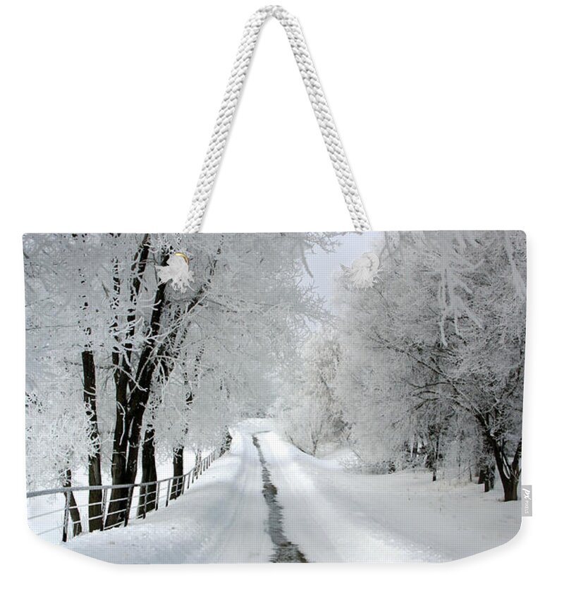 Tinas Captured Moments Weekender Tote Bag featuring the photograph The Long Frosted Road by Tina Hailey