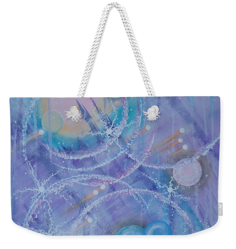 Abstract Landscape Frozen Ice Planets Frozen Stars Rocks Deep Space Cold Circles Shooting Stars Outer Space Office Bedroom Children's Living Room Float Fly Gas Purple Fantasy Bubbles Snow Flakes Wind Motion Expressive Shapes Frost Weekender Tote Bag featuring the painting Frosticles by Krystyna Spink