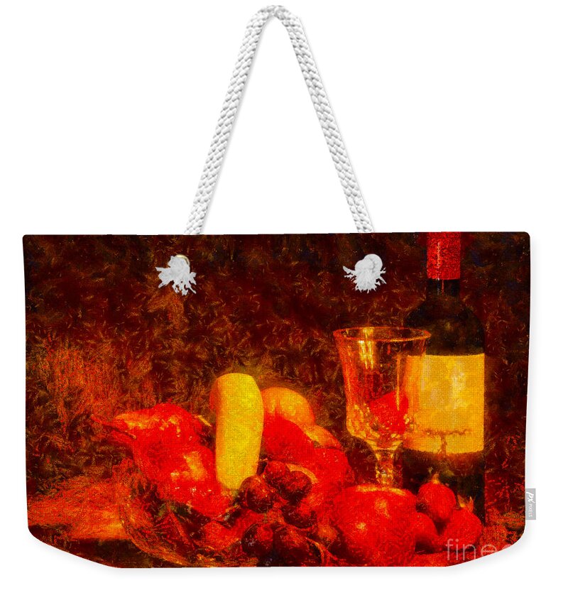 Fruit Weekender Tote Bag featuring the photograph Fruit bowl and wine - V3 by Les Palenik