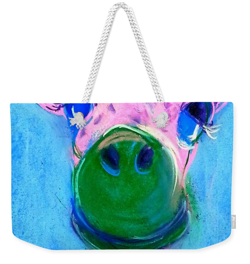 Animals Weekender Tote Bag featuring the painting Funky Giraffe in Pink by Sue Jacobi