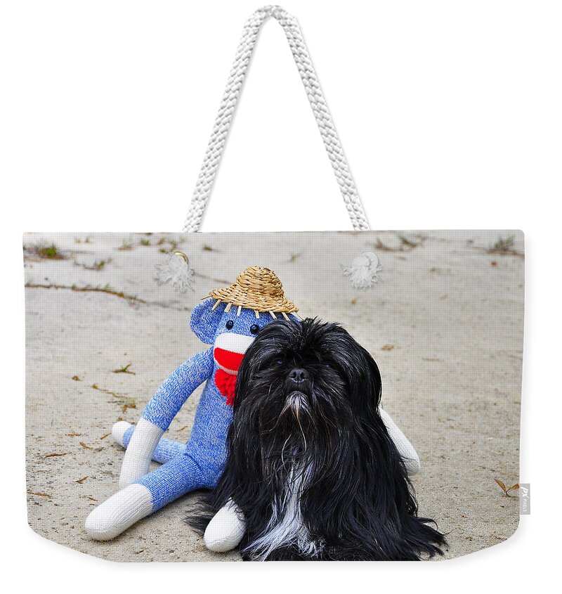 Sock Monkey Weekender Tote Bag featuring the photograph Funky Monkey and Sweet Shih Tzu by Al Powell Photography USA